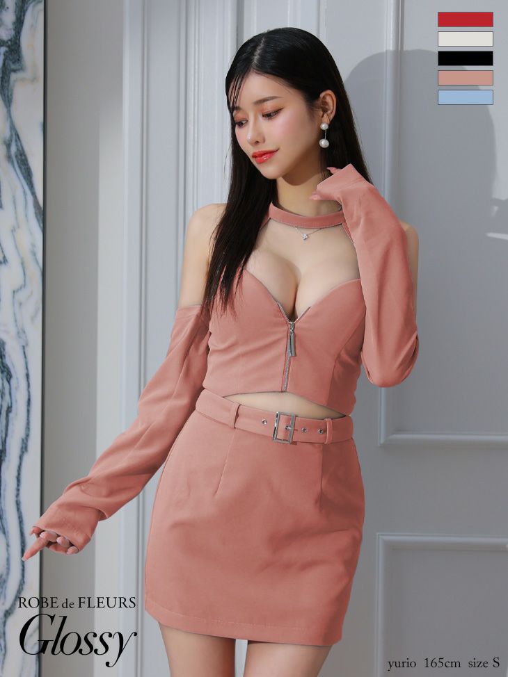 キャバドレス 袖あり ROBEdeFLEURSGlossy ローブドフルールグロッシー 高級ホルターネックリボン2wayウエストベルトジップセットアップタイトミニドレス