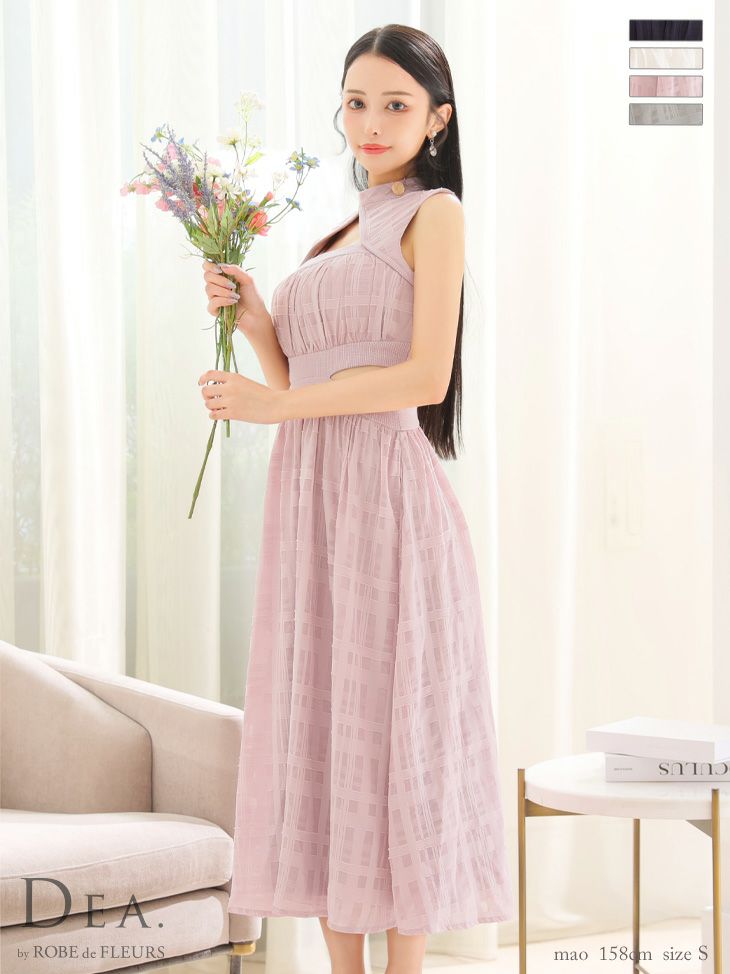 キャバドレス 上品 DEA.byROBEdeFLEURS ディアバイローブドフルール 高級バストウエストカットワンカラーノースリーブチェック柄フレアロングドレス