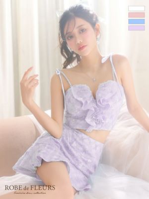 [ROBEdeFLEURS/ローブドフルール] 高級ショルダーリボンキャミソールジップフリルフラワーチュールセットアップフレアミニドレス
