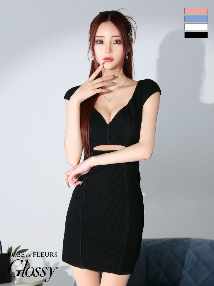 キャバドレス シンプル ROBEdeFLEURSGlossy ローブドフルールグロッシー 高級半袖ウエストベルトワンカラーリブニットウエストカットタイトミニドレス