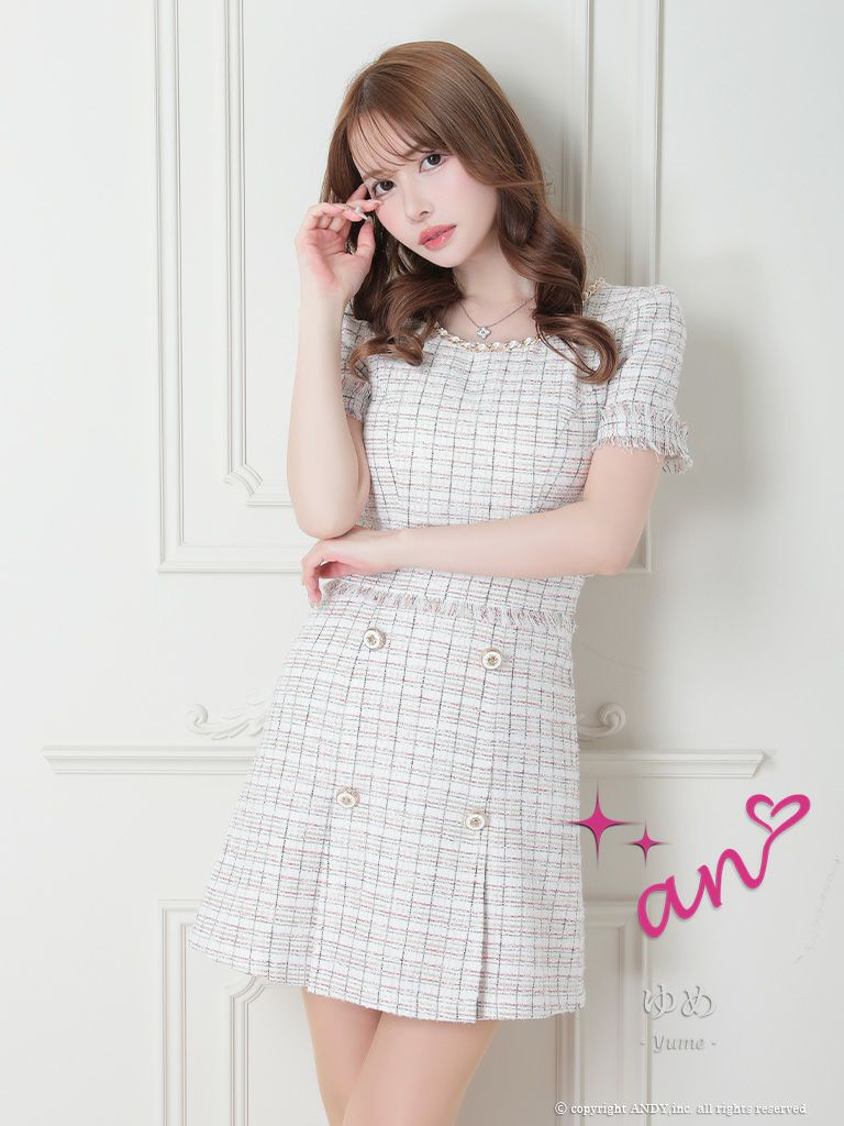 キャバドレス Andy アンディ 高級クラシカルガーリーチェック柄ツイード半袖フレアミニドレス