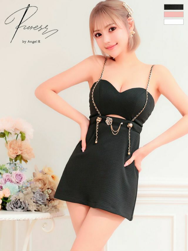 キャバドレス セクシー PURESS ピュアレス 高級フラワービジューチャームキャミソールウエストカットフレアミニドレス