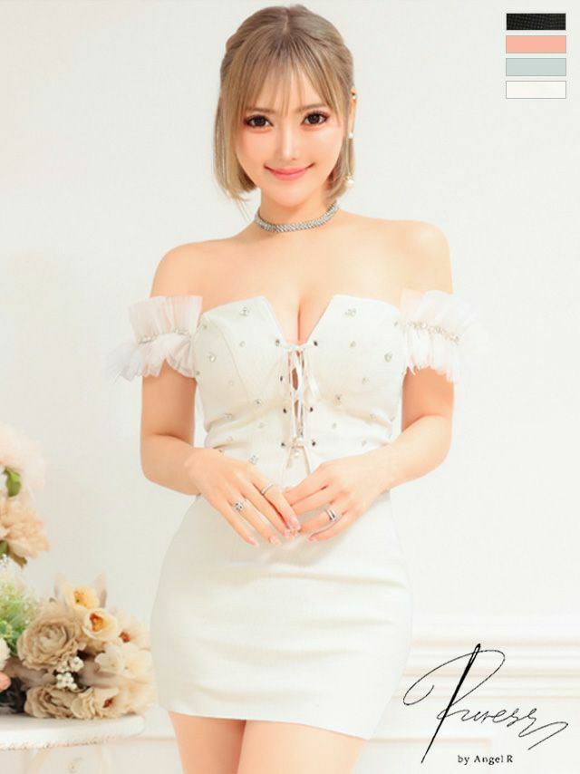 キャバドレス タイトドレス PURESS ピュアレス 高級レースビジューオフショルダーツイードフロントリボンタイトミニドレス