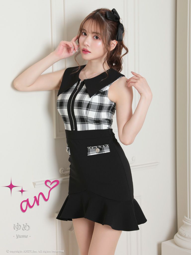 キャバドレス Andy アンディ 高級襟デザインチェック柄ジップノースリーブタイトミニドレス