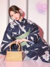 浴衣 レディース セット 帯 下駄 平帯 作り帯 和装 和服 ゆかた 紺地 百合 ユリ レトロ ゆり