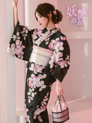 [浴衣 選べる帯] 妖艶 黒緑×ニュアンス椿 ゆかた3点セット (浴衣+平帯or作り帯+下駄)