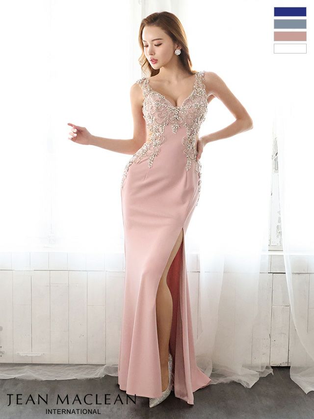 キャバドレス ミニドレス JEANMACLEAN ジャンマクレーン 高級ゴージャスフラワービジューノースリーブスリットバックレースアップワンカラータイトロングドレス