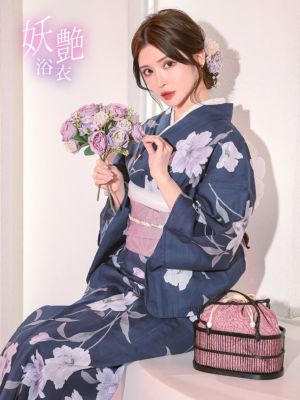 [浴衣 選べる帯] 妖艶 紺地×水彩百合の花 ゆかた3点セット (浴衣+平帯or作り帯+下駄)