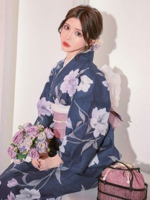SALE [浴衣 選べる帯] 妖艶 紺地×水彩百合の花 3点セット