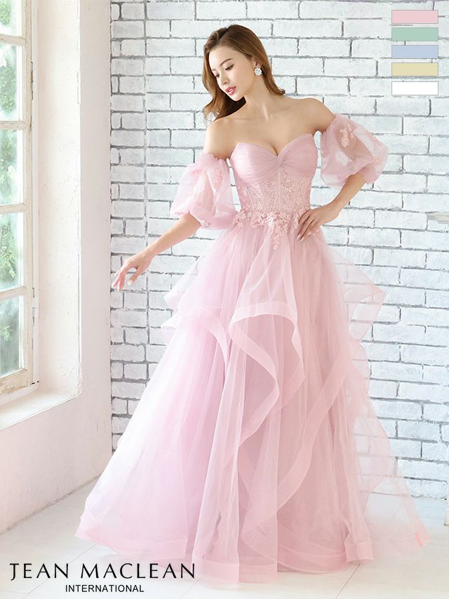 キャバドレス ロングドレス JEANMACLEAN ジャンマクレーン 高級2wayオフショルバースデーストーン付きフラワー刺繍ワンカラーAラインロングドレス