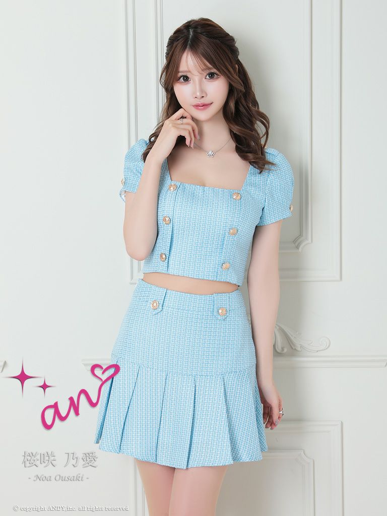 キャバドレス 可愛い an アン 高級ツイード半袖パフスリーブセットアップフレアミニドレス