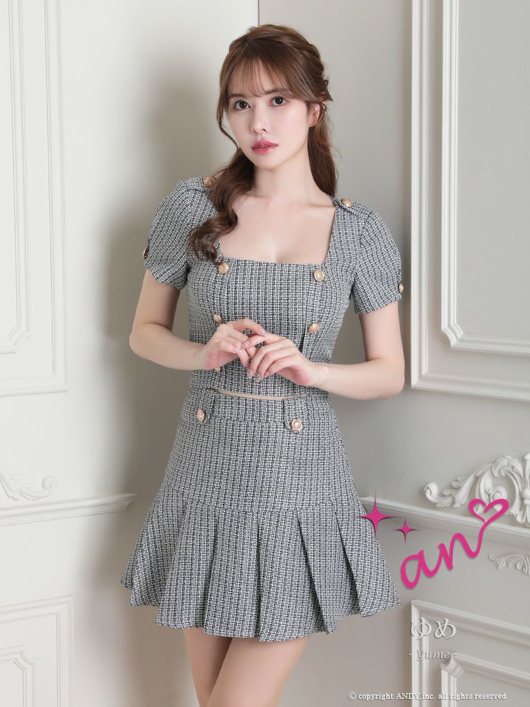 キャバドレス ミニ an アン 高級ツイード半袖パフスリーブセットアップフレアミニドレス