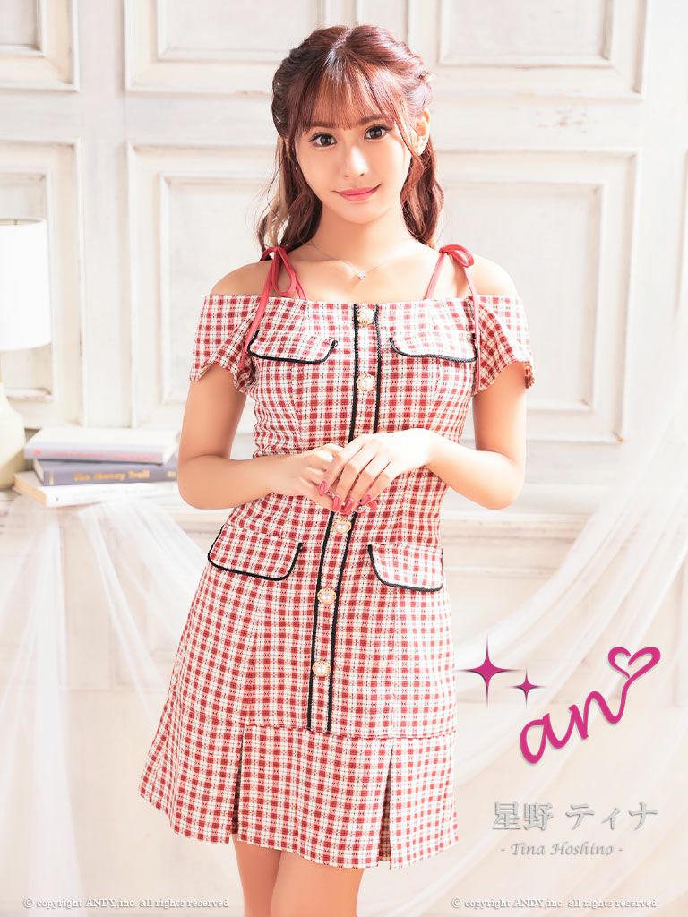 キャバドレス チェック柄 an アン 高級オフショルダー肩あきチェック柄半袖フレアミニドレス