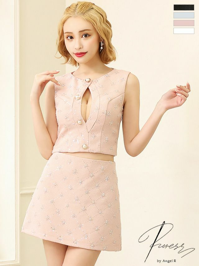 キャバドレス セットアップ PURESS ピュアレス 高級スパンコールビジューパールボタンノースリーブセットアップフレアミニドレス