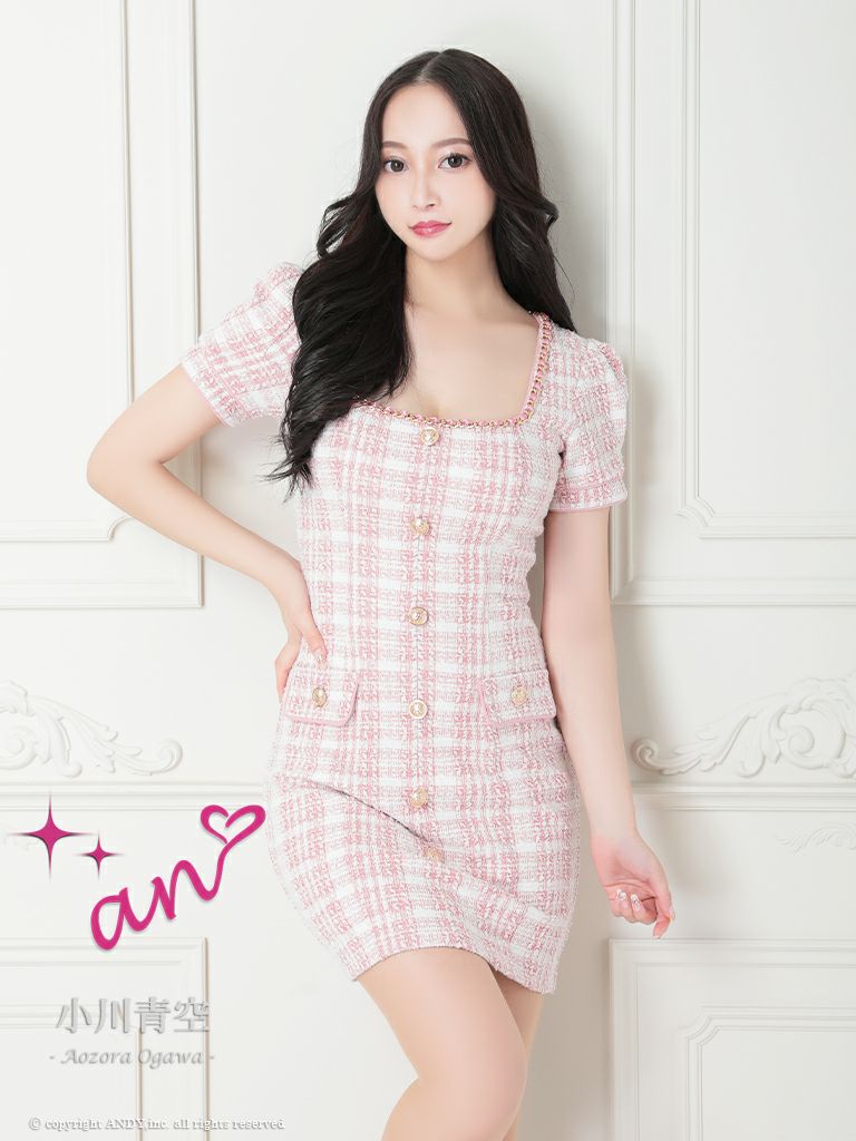 キャバドレス ミニドレス an アン 高級ガーリーフロントボタンチェック柄ツイード半袖タイトミニドレス
