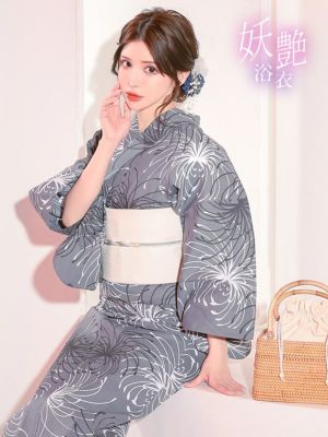 [浴衣] 妖艶 グレー×モノトーン糸菊 2点...