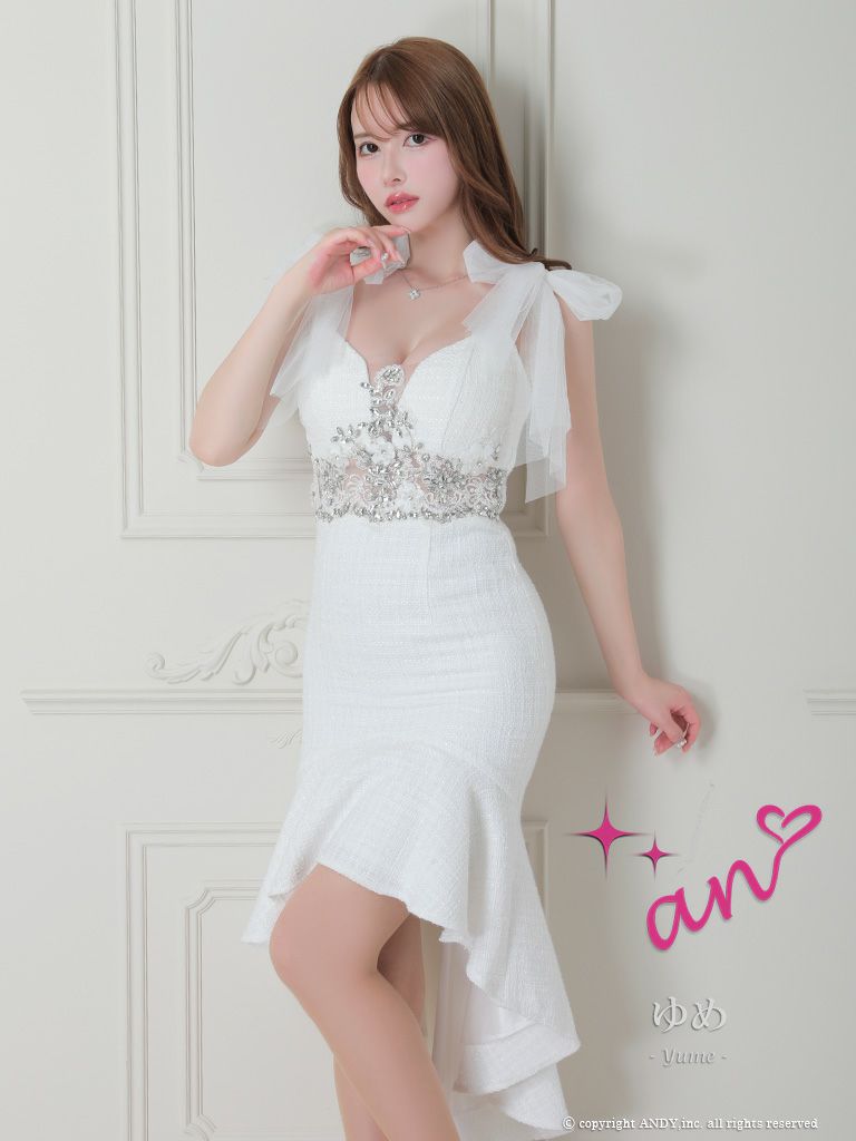 キャバドレス Andy アンディ 高級チュールリボンキャミソールツイード膝丈ドレス