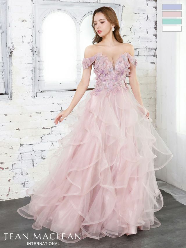 キャバドレス ロングドレス JEANMACLEAN ジャンマクレーン 高級オフショルダー立体フラワーバースデーチュールレースAラインロングドレス
