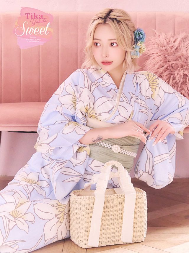 浴衣 レディース セット 帯 下駄 兵児帯 シワ兵児 百合 ユリ 和装 和服 ゆかた 水色 レトロ