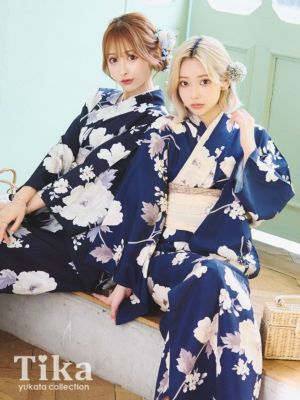 [浴衣] レトロ 華やかアンティークフラワー ゆかた3点セット (浴衣+兵児帯+下駄)