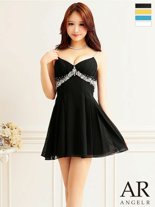 キャバドレス 可愛い Angel-R エンジェルアール 高級キラキラパールビジューキャミソールバストギャザーフレアミニドレス