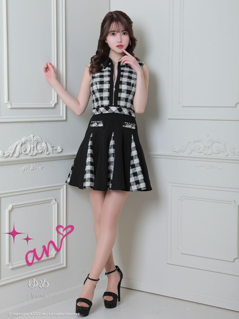 キャバドレス Andy アンディ 高級チェック柄ツイード襟デザインジップノースリーブフレアミニドレス