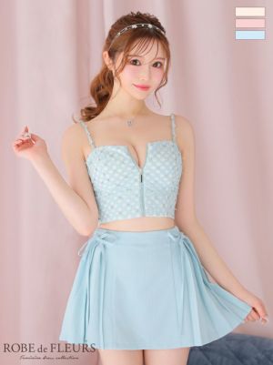 [ROBEdeFLEURS/ローブドフルール] 高級キャミソールビジューセットアップフロントジップウエストリボンフレアミニドレス