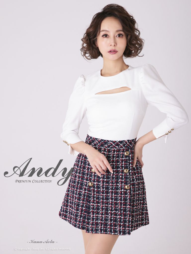 キャバドレス Andy アンディ 高級カットアウト切替チェック柄袖ありフレアミニドレス