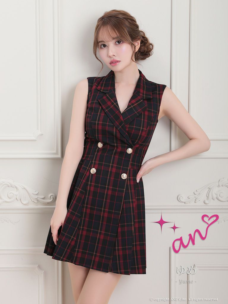 キャバドレス Andy アンディ 高級チェック柄襟デザインノースリーブフレアミニドレス