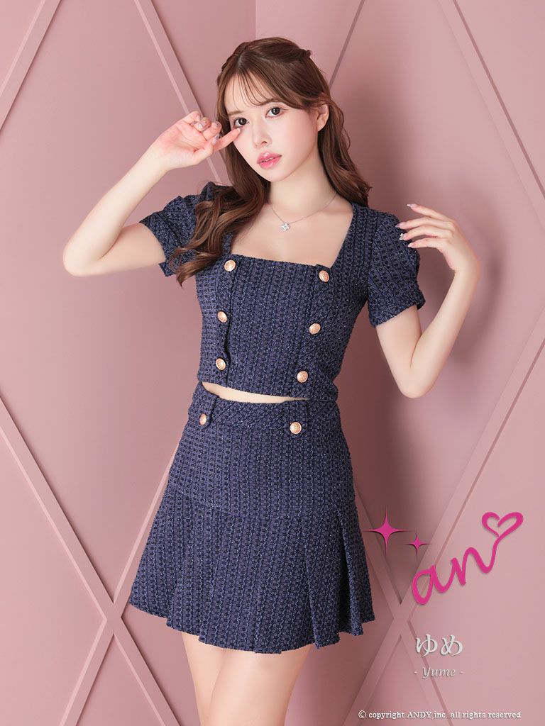 キャバドレス Andy アンディ 高級ツイードボタンデザインセットアップ半袖フレアミニドレス