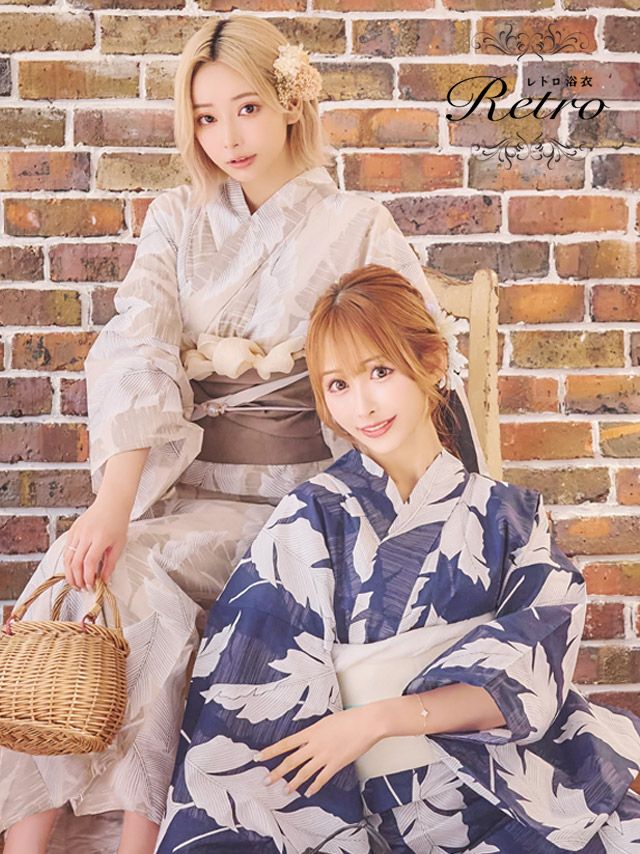 浴衣 レディース 大人 セット 帯 下駄 作り帯 平帯 レトロ 和装 和服 古典 ゆかた 青 ベージュ