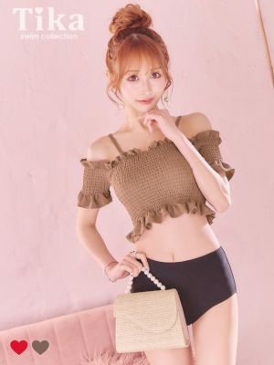 水着 ストラップ付きオフショルギャザーフリル...