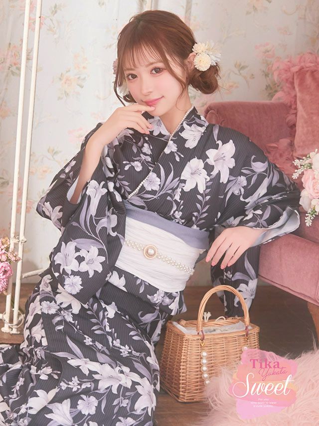 浴衣 レディース 大人 セット ゆかた 帯 下駄 兵児帯 百合 黒地 ユリ 古典 レトロ 和装 和服