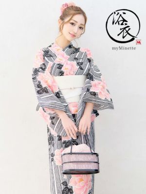 [浴衣] プチプラ 安い 白地×ピンクフラワ...