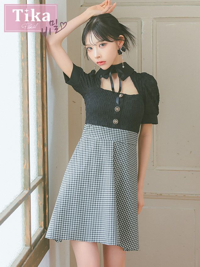 キャバドレス 韓国 ミニ丈 大きいサイズ ワンピース フレア Aライン チェック柄 ミニドレス 袖あり