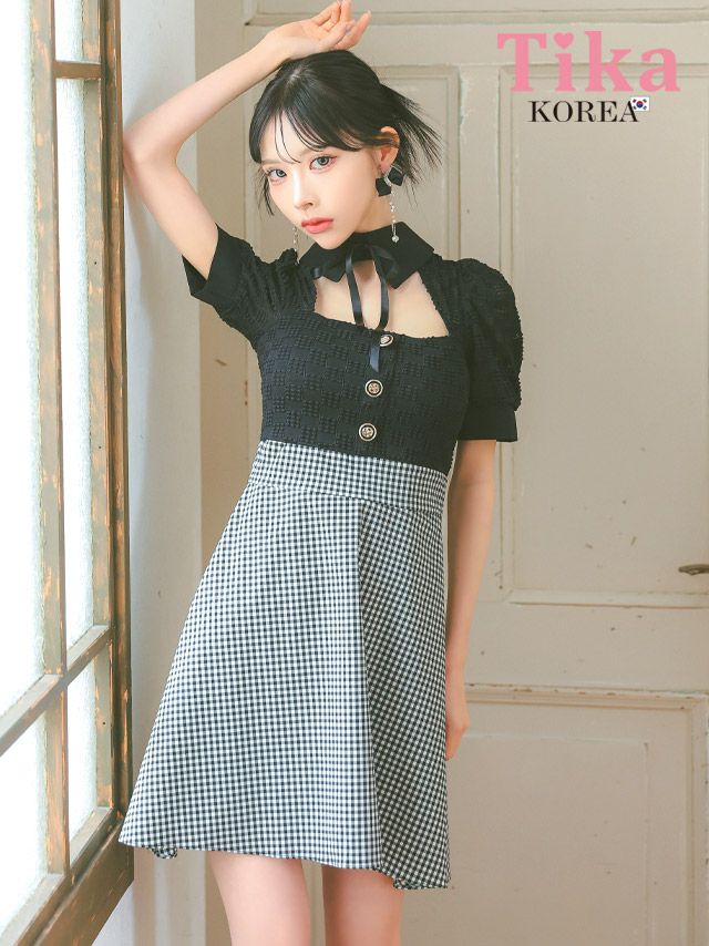 キャバドレス 韓国 ミニ丈 大きいサイズ ワンピース フレア Aライン チェック柄 ミニドレス 袖あり