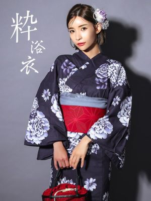 [浴衣 選べる帯] 粋 濃紺地×菊牡丹ゆかた3点セット (浴衣+平帯or作り帯+下駄) (石原彩香用)