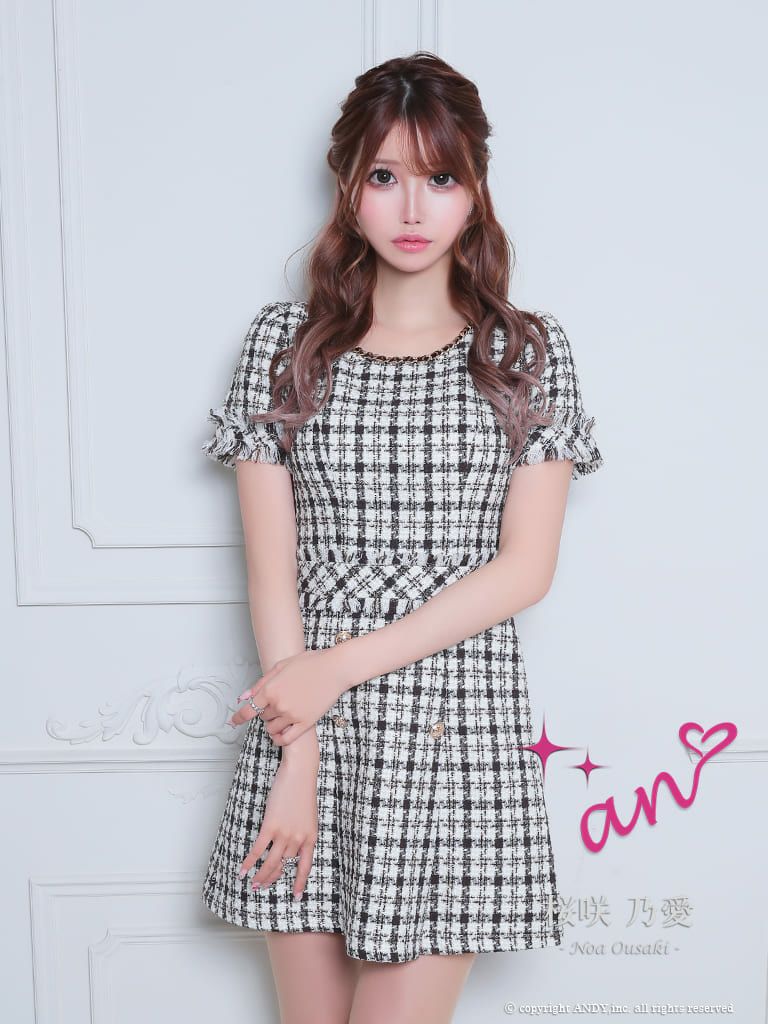 キャバドレス Andy アンディ 高級チェック柄ボートネックツイード半袖フレアミニドレス
