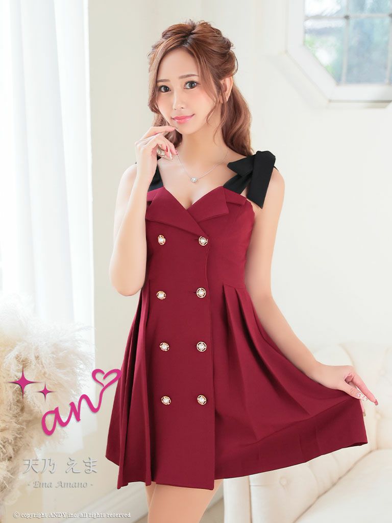 キャバドレス ブランド an アン 高級パールボタンショルダーリボンノースリーブフレアミニドレス