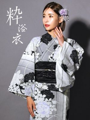 [浴衣] 粋 変わり細縞×モノトーンローズ ...