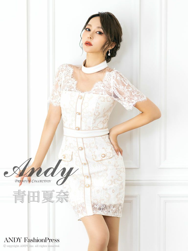 キャバドレス ブランド Andy アンディ 高級レース半袖切り替えチョーカー風パールボタンタイトミニドレス