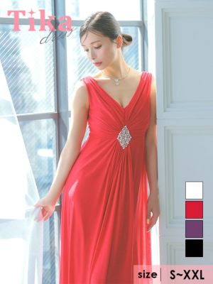 [SALE] ノースリーブウエストパールシフォンドレープAラインロングドレス (Sサイズ～XXLサイズ) (みゆう/キャバドレス着用)