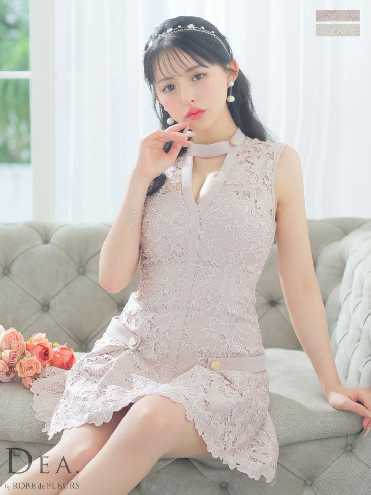 キャバドレス ミニドレス DEA.byROBEdeFLEURS ディアバイローブドフルール 高級フラワーレース刺繍ノースリーブネックベルトプリーツフレアミニドレス