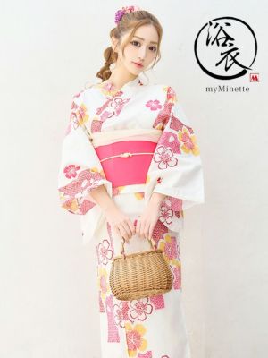 [浴衣] プチプラ 安い 白地×ピンク桜 3...
