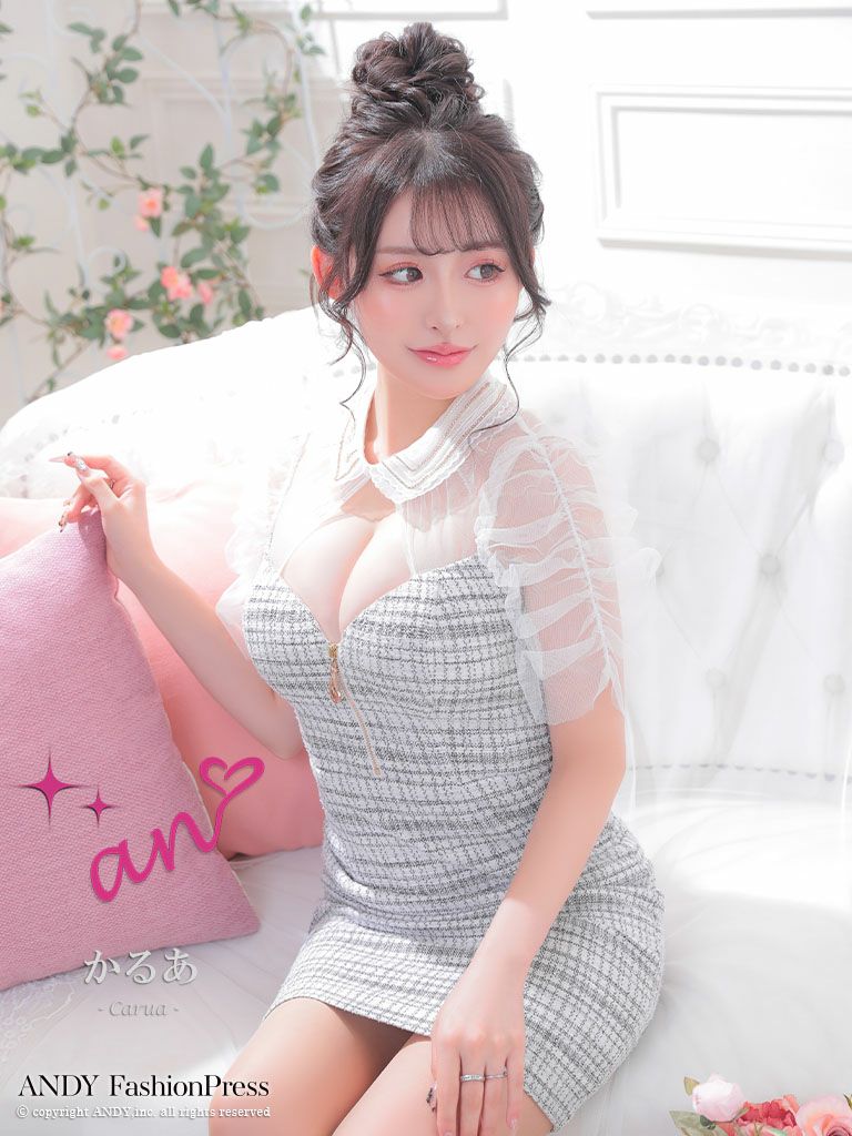 キャバドレス Andy アンディ 高級襟デザインツイードシアー半袖タイトミニドレス