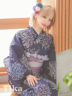 [浴衣 選べる帯] グラデーション花火 濃紺...