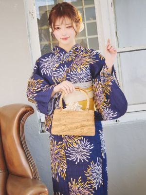 [浴衣 選べる帯] レトロ 紺地×イエロー花...