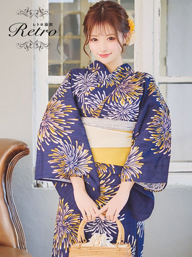 浴衣 レディース セット 帯 下駄 作り帯 紺地 花火 ゆかた 古典 レトロ 和装 和服 平帯