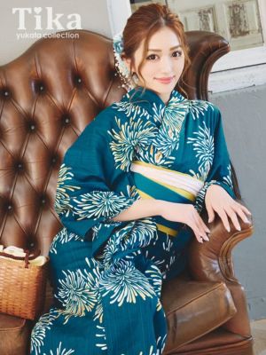 [浴衣 選べる帯] レトロ 青緑地×イエロー...