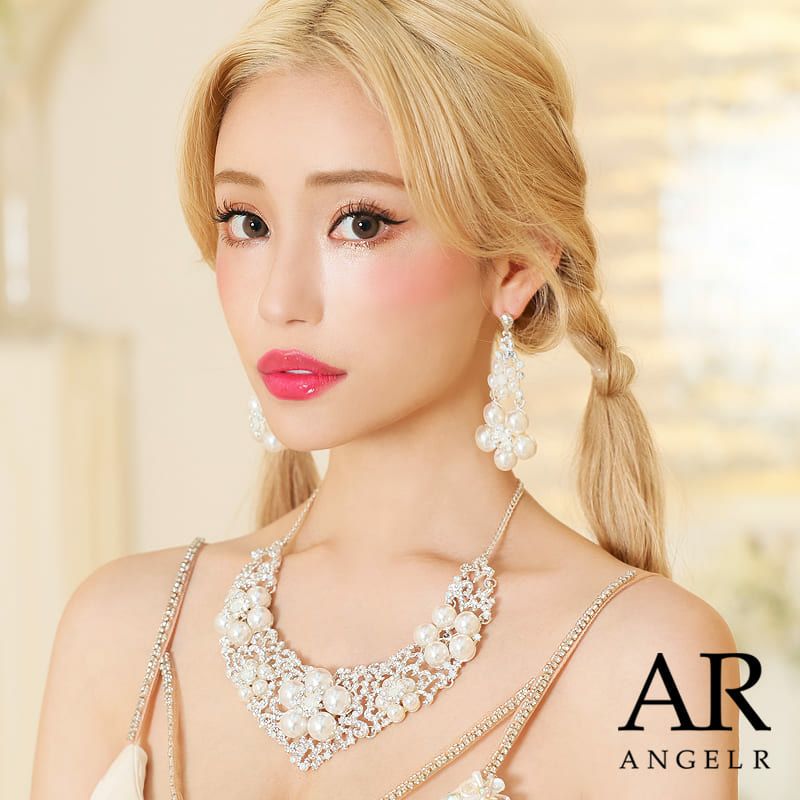 キャバアクセ キラキラ Angel-R エンジェルアール 高級ビッグフラワーパールビジューネックレス＆ピアスセット
